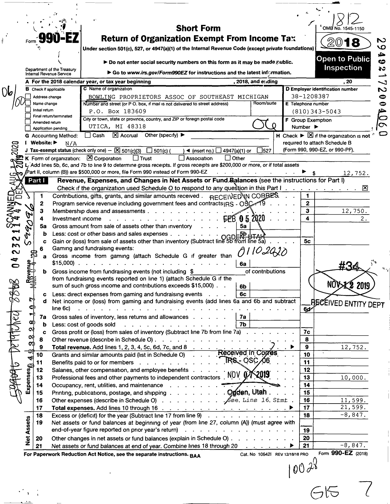 Image of first page of 2018 Form 990EO for Bowling Proprietors Association of Southeast Michigan