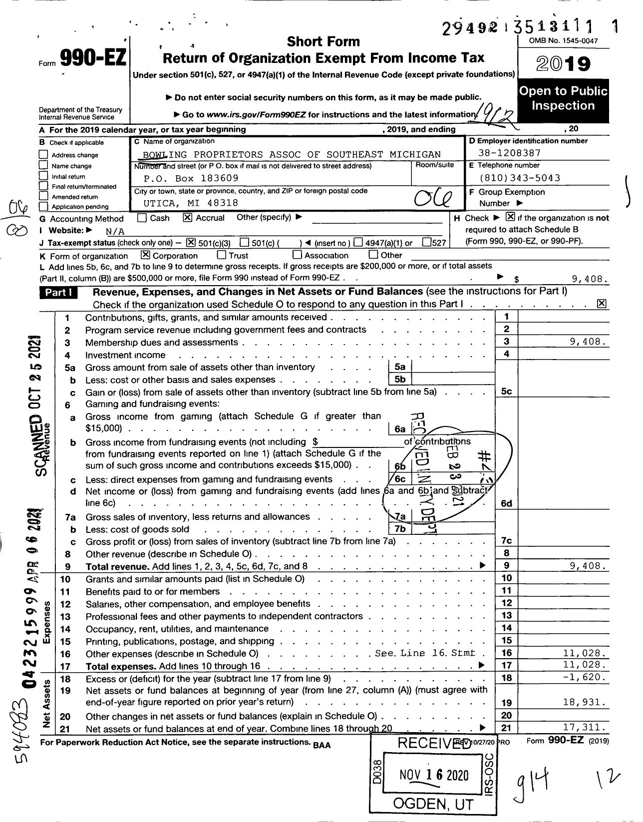 Image of first page of 2019 Form 990EO for Bowling Proprietors Association of Southeast Michigan