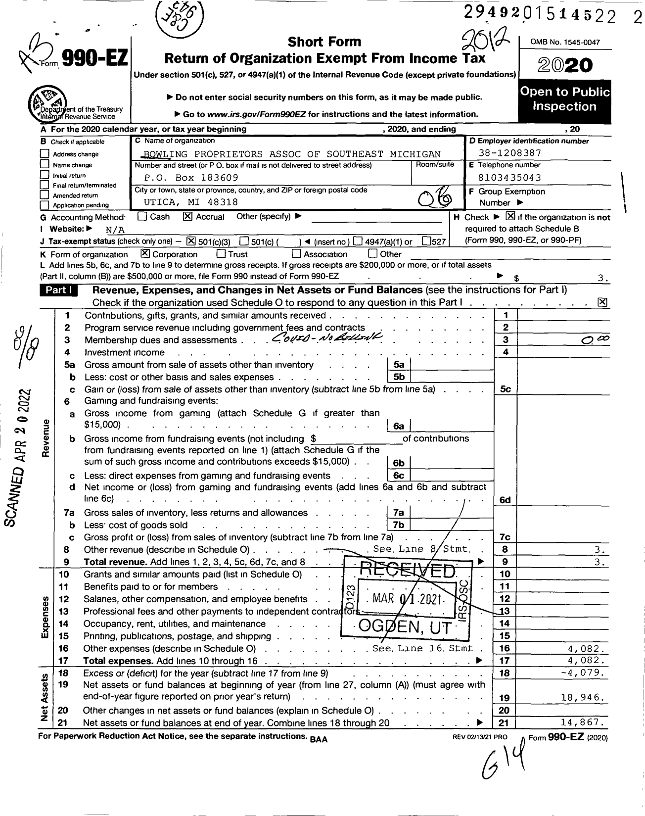 Image of first page of 2020 Form 990EO for Bowling Proprietors Association of Southeast Michigan