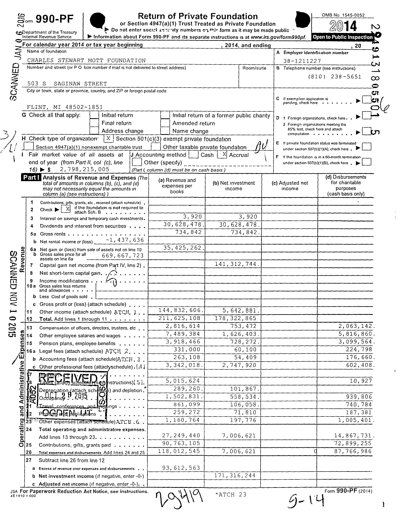 Image of first page of 2014 Form 990PF for Charles Stewart Mott Foundation