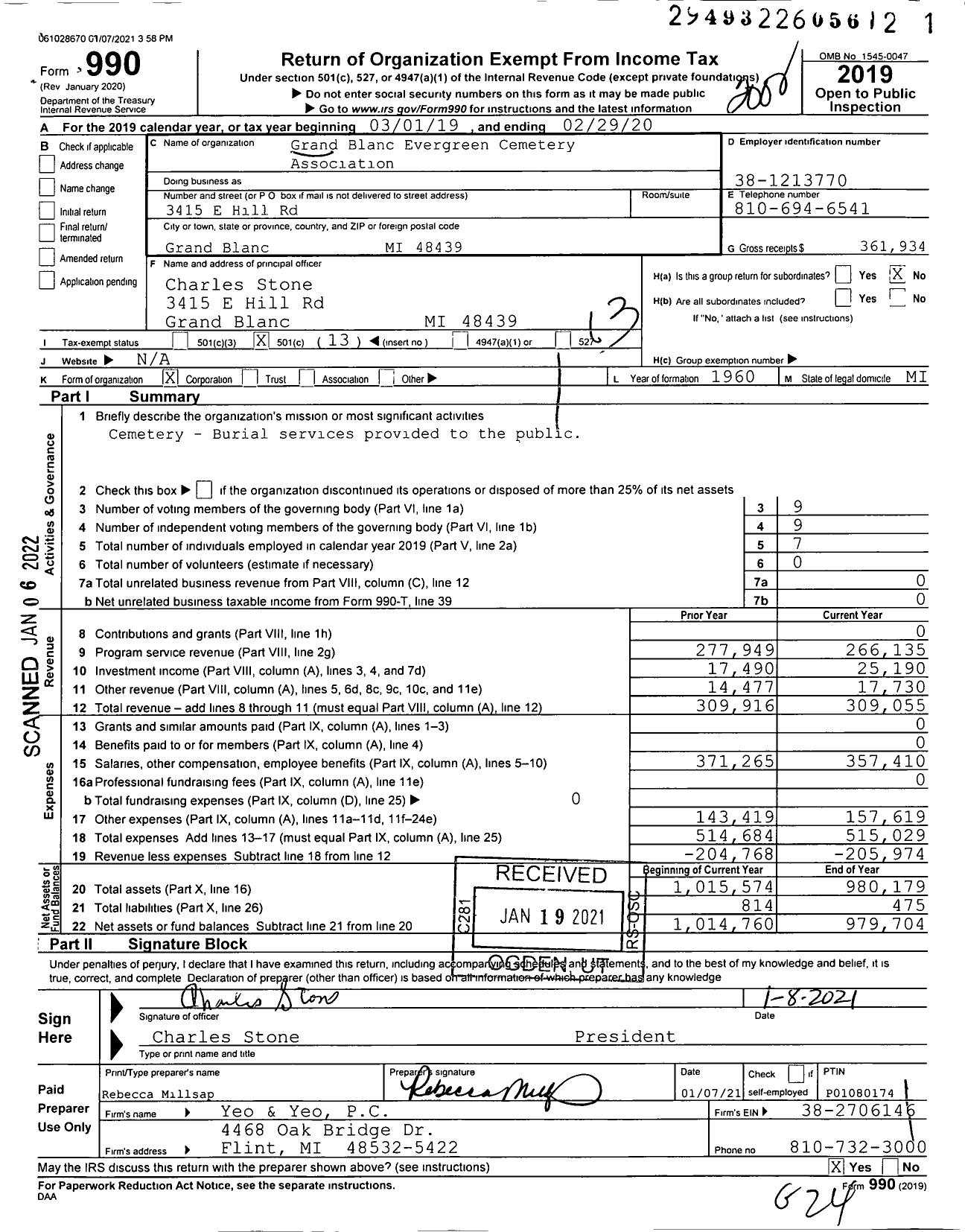 Image of first page of 2019 Form 990O for Grand Blanc Evergreen Cemetery Association