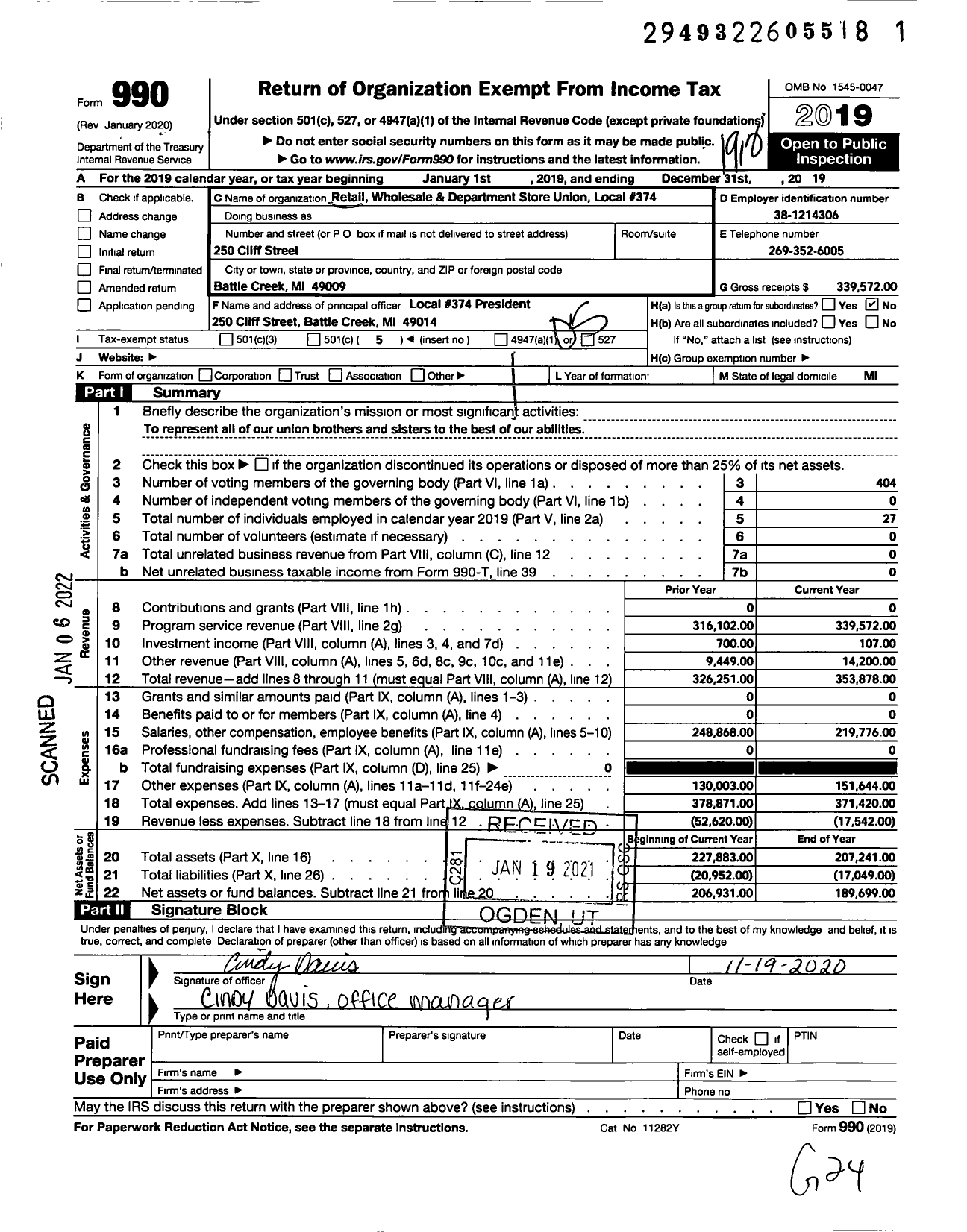 Image of first page of 2019 Form 990O for Retail Wholesale and Department Store Union - 374 United Cereal Bakery and Food