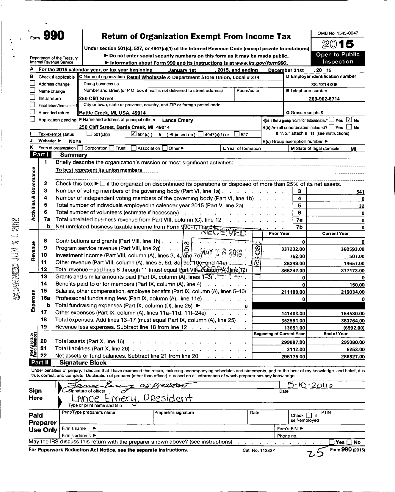 Image of first page of 2015 Form 990O for Retail Wholesale and Department Store Union - 374 United Cereal Bakery and Food