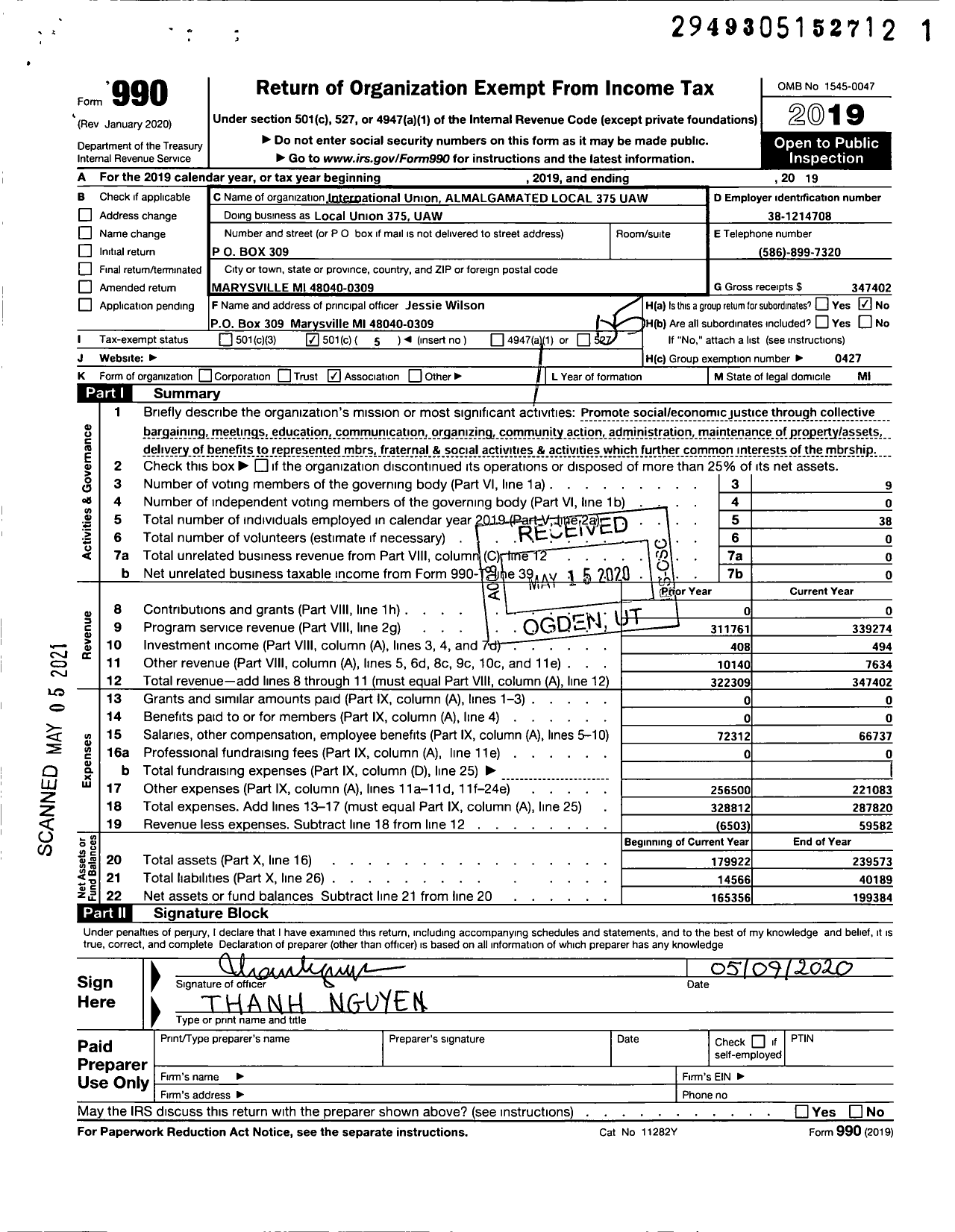 Image of first page of 2019 Form 990O for UAW - International Union Almalgamated Local 375 UAW