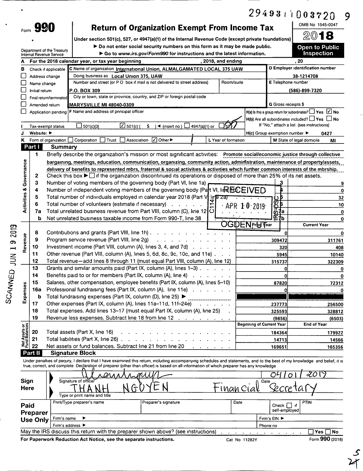 Image of first page of 2018 Form 990O for International Union Almalgamated LOCAL 375 UAW