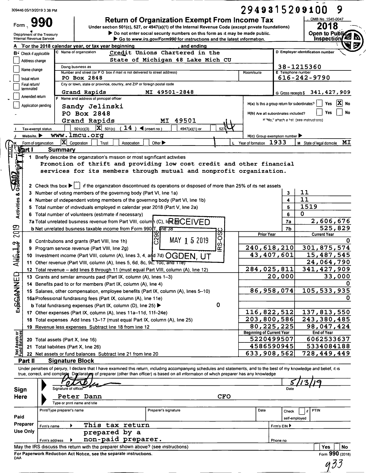 Image of first page of 2018 Form 990O for Credit Unions Chartered in the State of Michigan - 48 Lake Michigan Credit Union