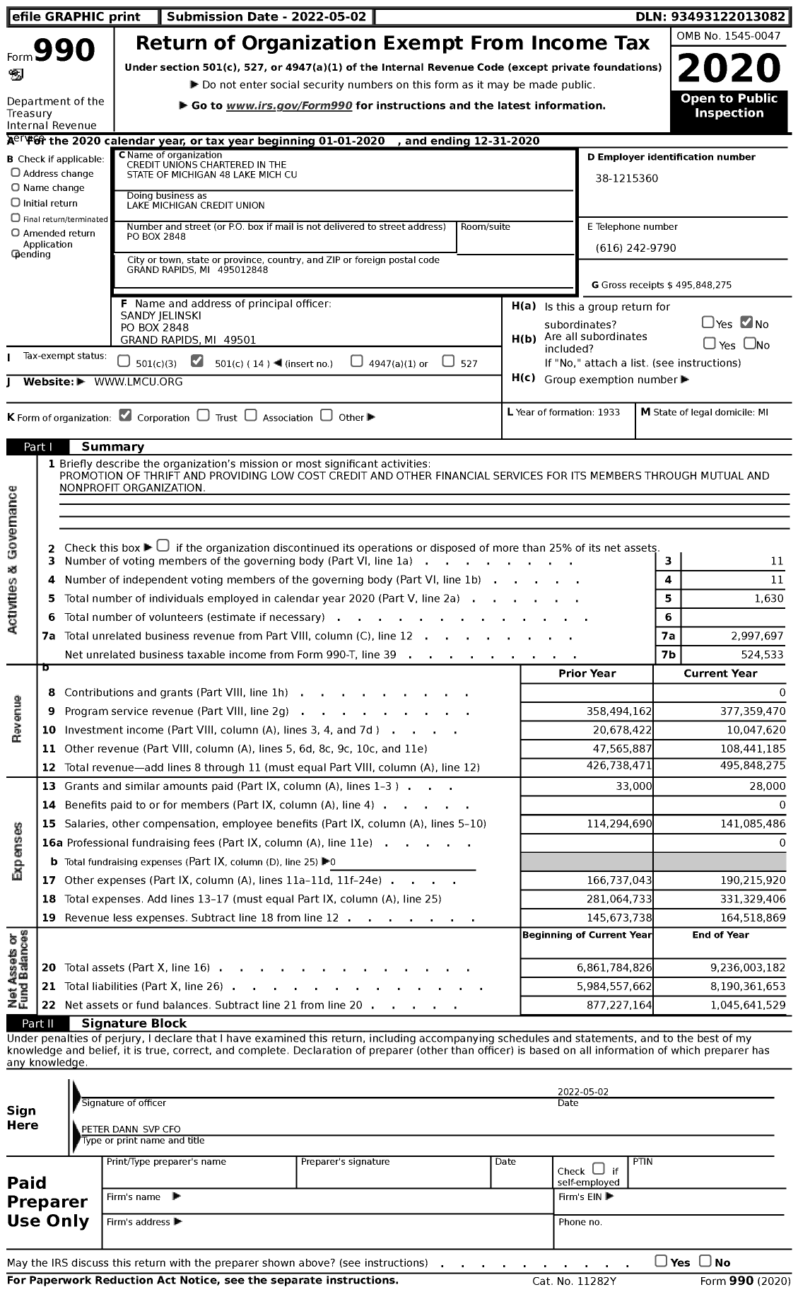 Image of first page of 2020 Form 990 for Credit Unions Chartered in the State of Michigan - 48 Lake Michigan Credit Union