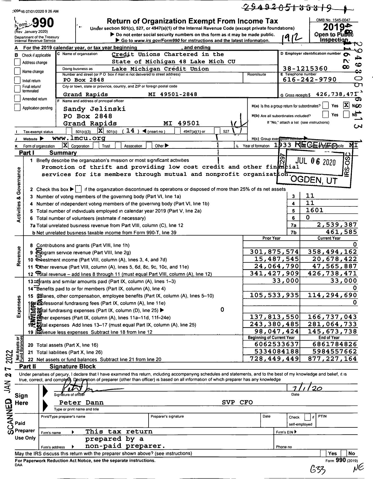 Image of first page of 2019 Form 990O for Credit Unions Chartered in the State of Michigan - 48 Lake Michigan Credit Union