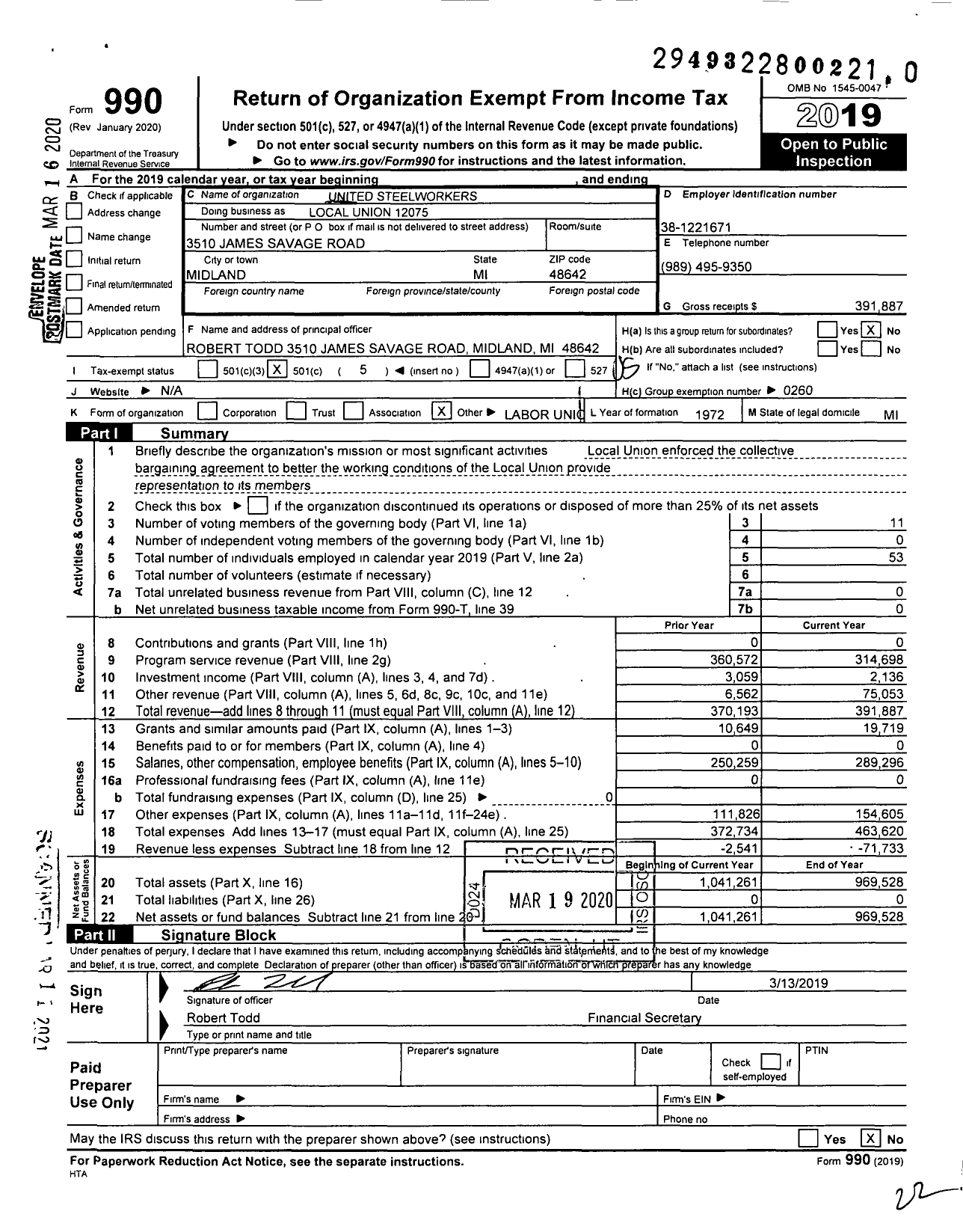 Image of first page of 2019 Form 990O for UNITED Steelworkers - Local union 12075