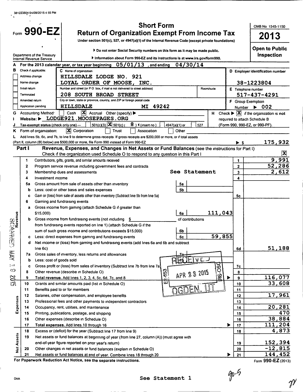 Image of first page of 2013 Form 990EO for Loyal Order of Moose No 921