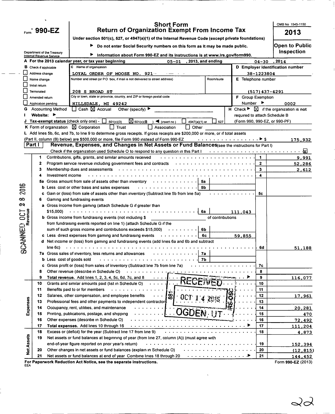 Image of first page of 2013 Form 990EO for Loyal Order of Moose No 921