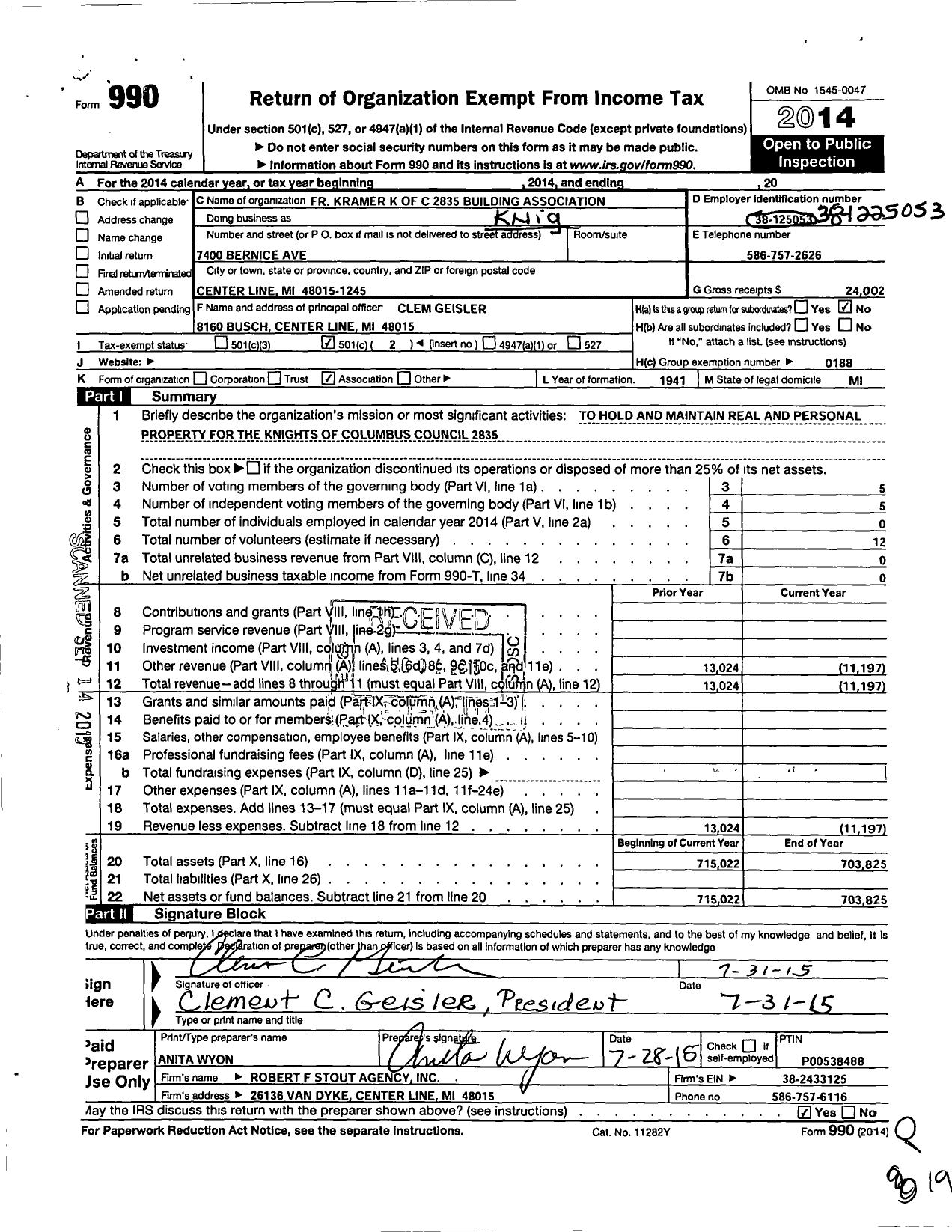 Image of first page of 2014 Form 990O for Father Kramer K of C 2835 Building