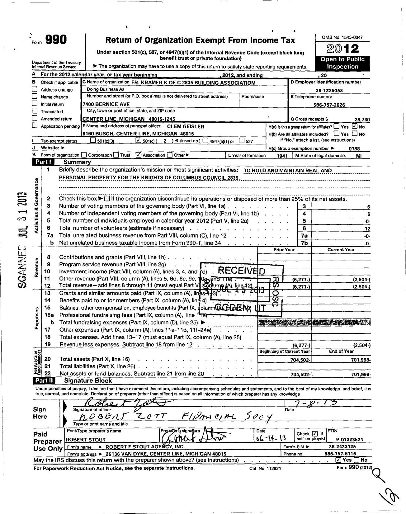 Image of first page of 2012 Form 990O for Father Kramer K of C 2835 Building