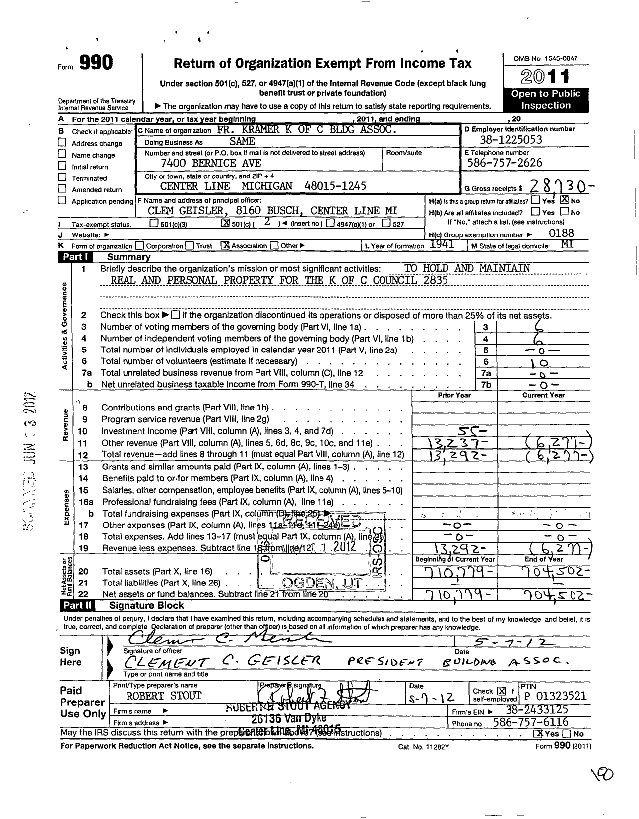 Image of first page of 2011 Form 990O for Father Kramer K of C 2835 Building