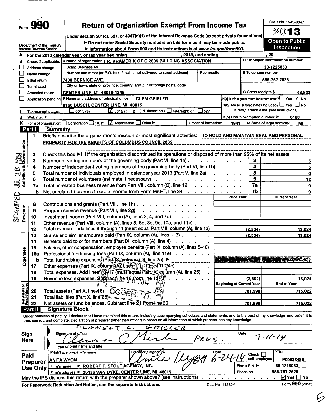 Image of first page of 2013 Form 990O for Father Kramer K of C 2835 Building