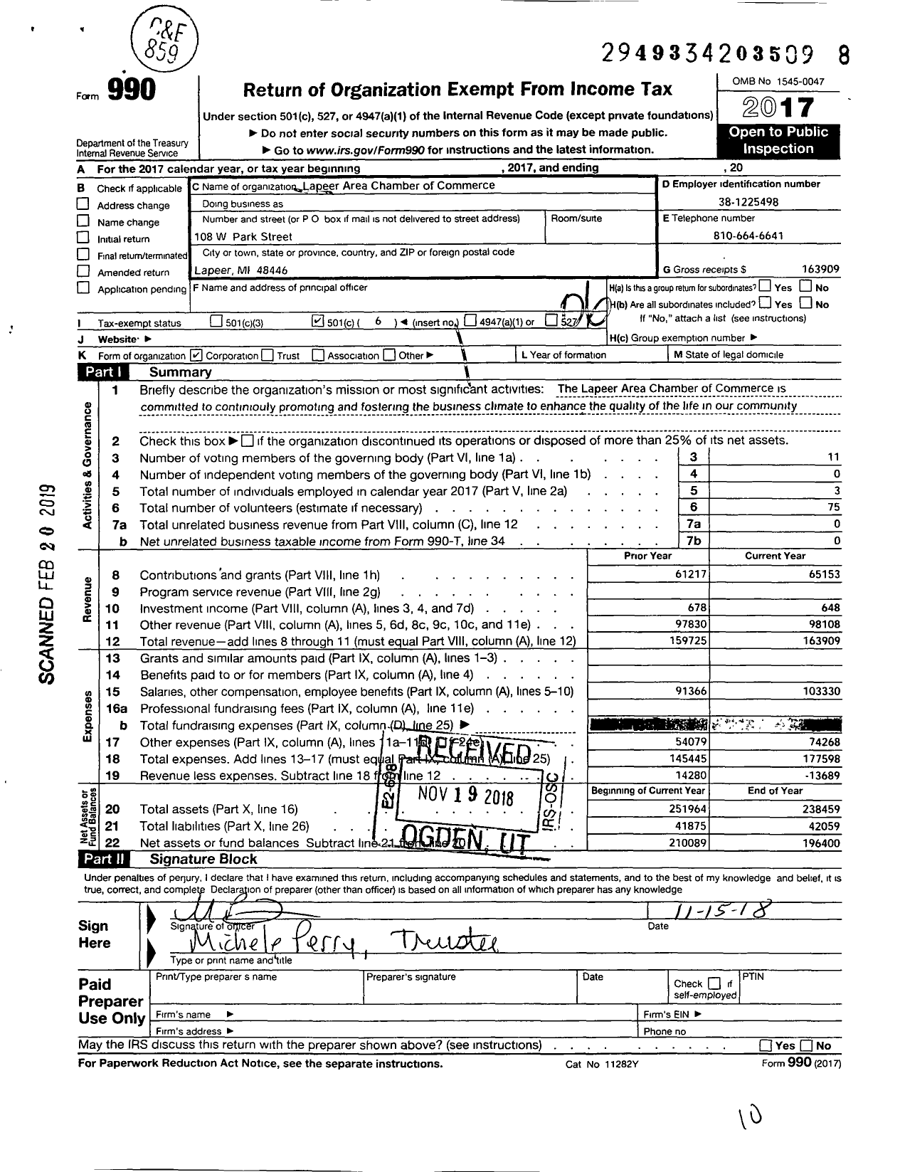 Image of first page of 2017 Form 990O for Lapeer Area Chamber of Commerce