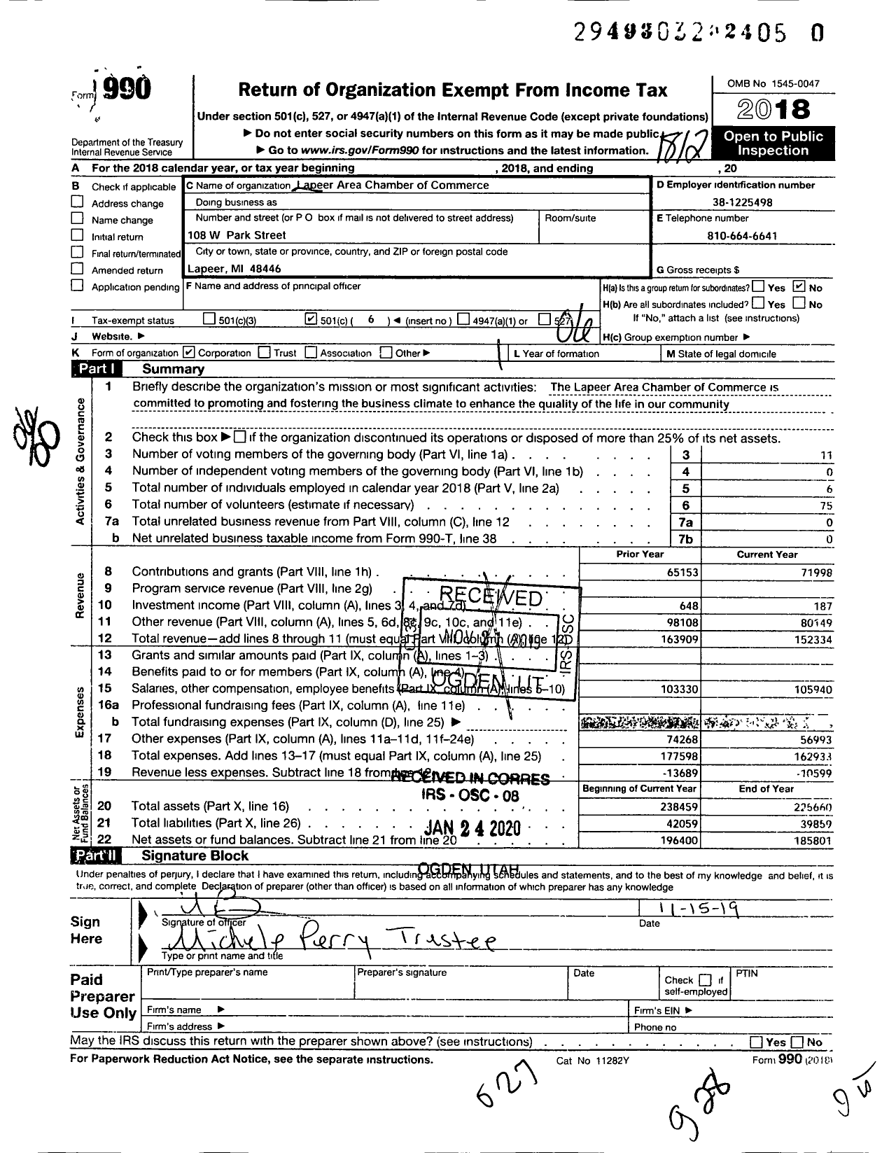 Image of first page of 2018 Form 990O for Lapeer Area Chamber of Commerce