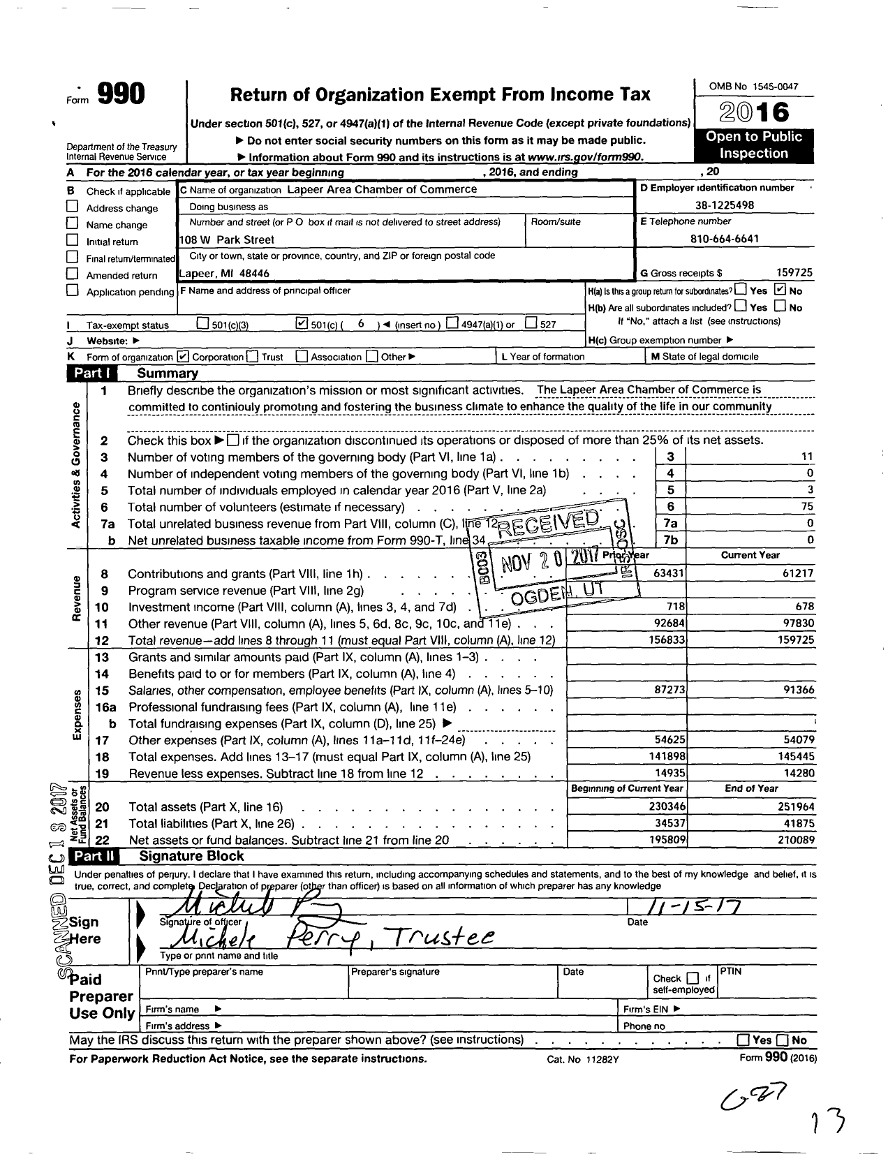 Image of first page of 2016 Form 990O for Lapeer Area Chamber of Commerce