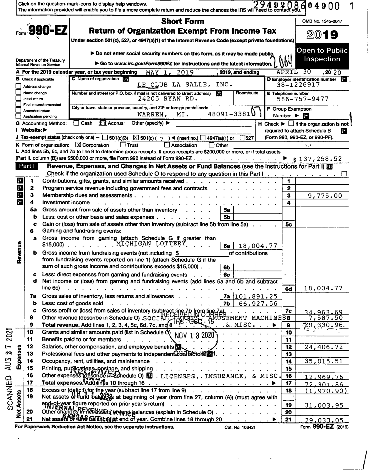 Image of first page of 2019 Form 990EO for Le Club Lasalle