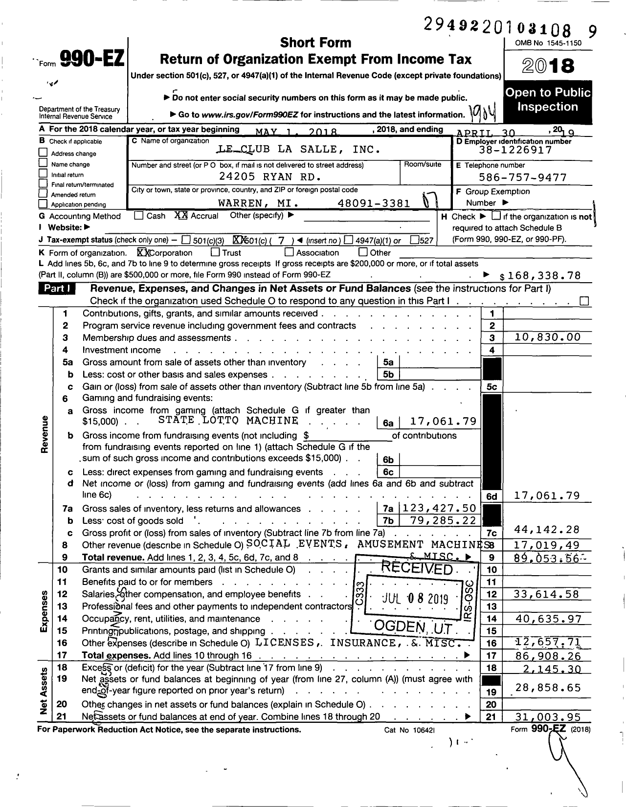 Image of first page of 2018 Form 990EO for Le Club Lasalle