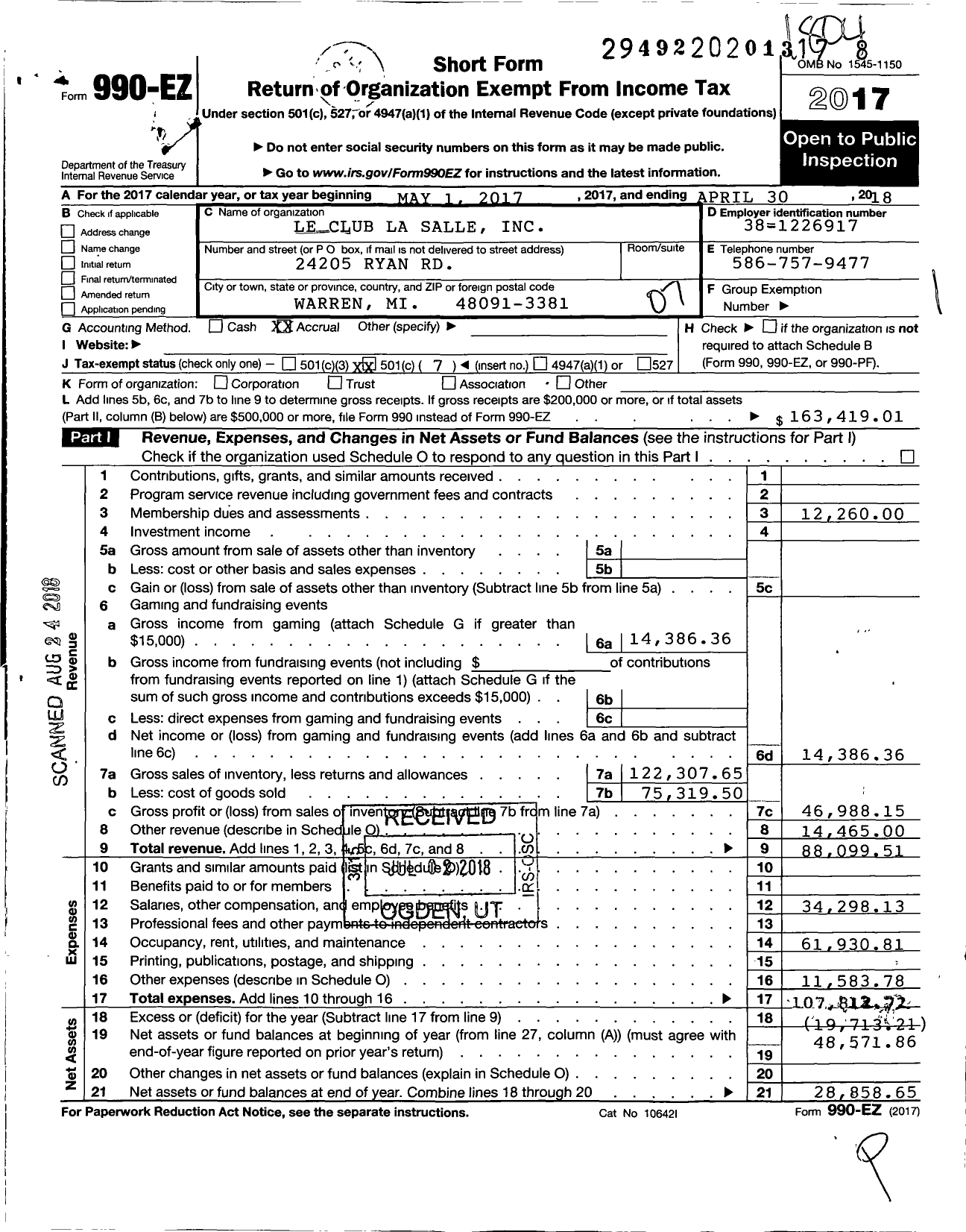 Image of first page of 2017 Form 990EO for Le Club Lasalle