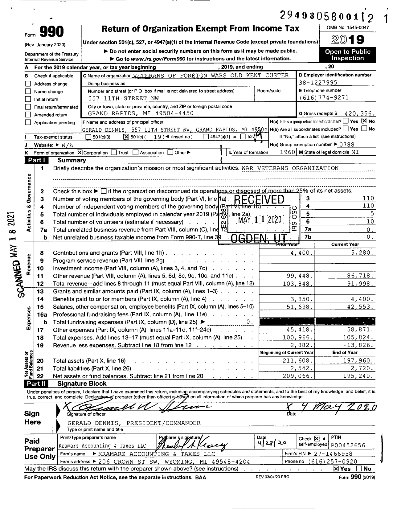 Image of first page of 2019 Form 990O for VFW Department of Michigan - Dist 8 830 Old Kent Custer