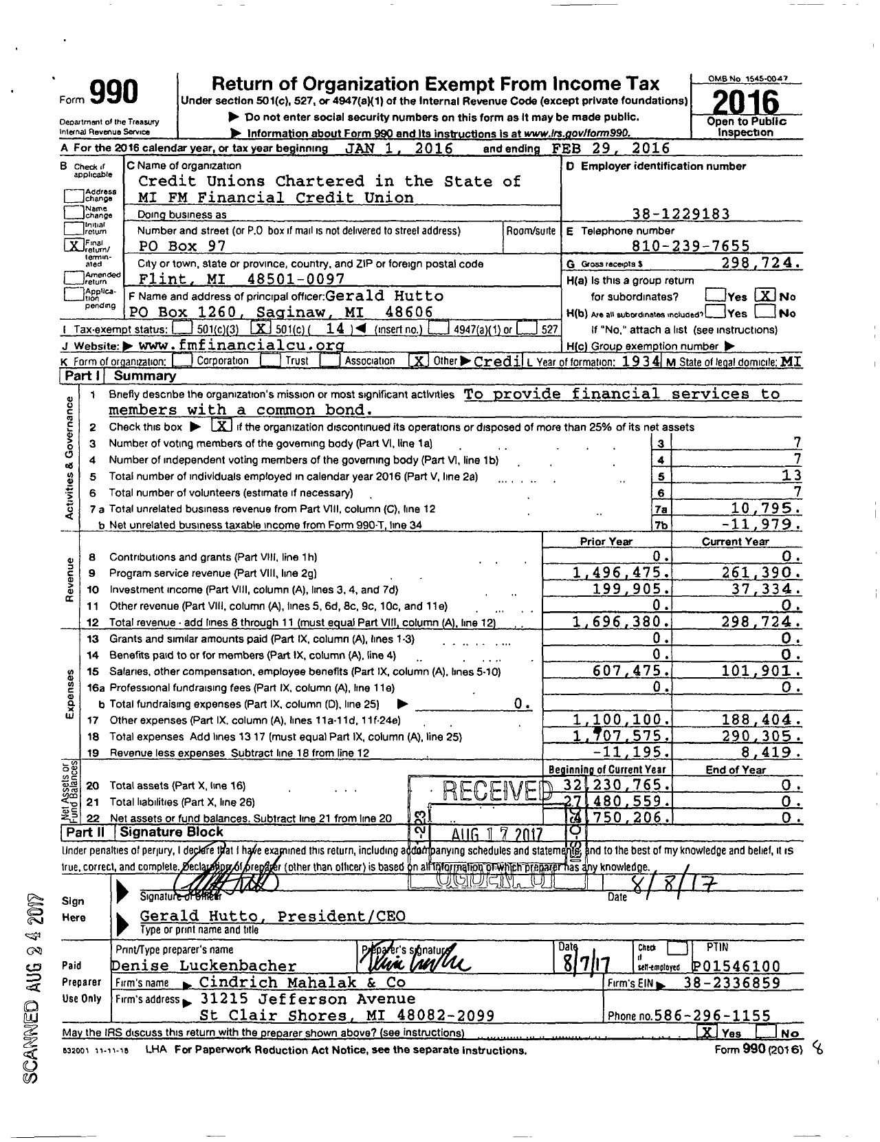 Image of first page of 2015 Form 990O for Credit Unions Chartered in the State of Michigan - 65 FM Financial Credit Union