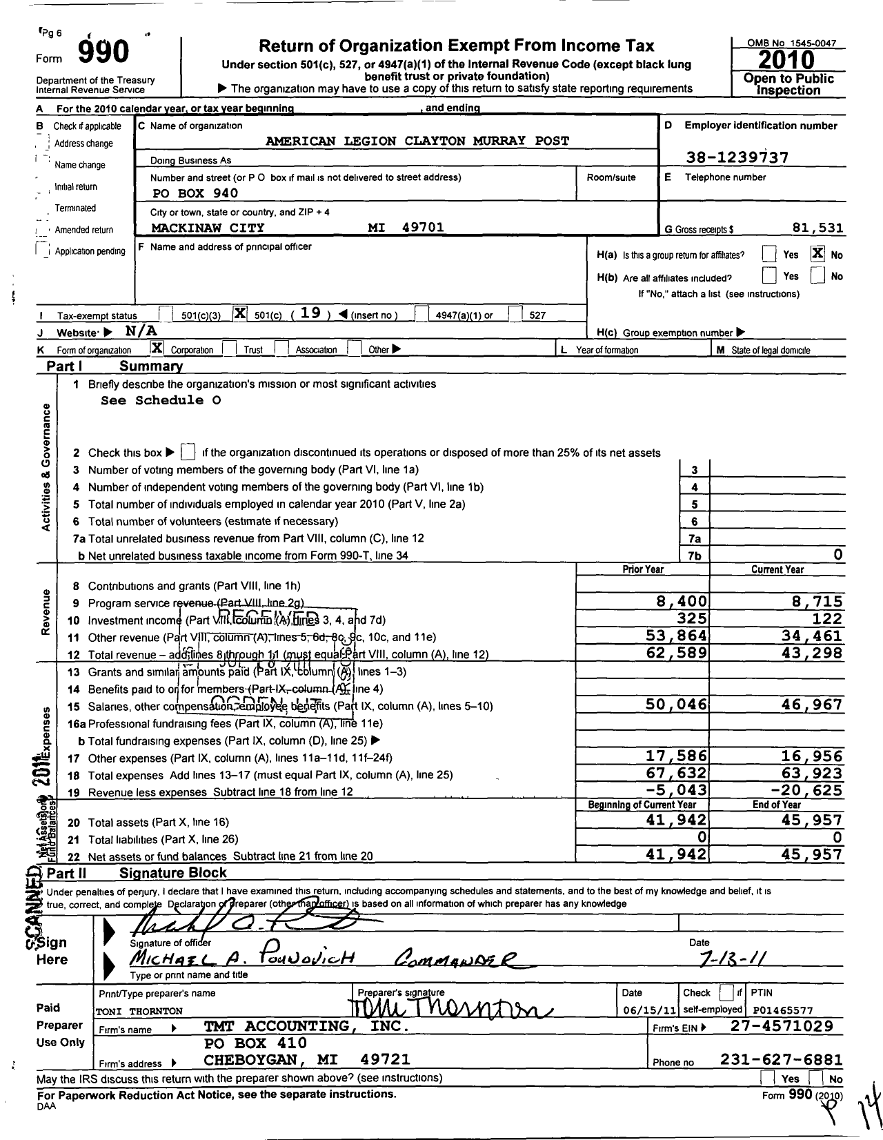 Image of first page of 2010 Form 990O for American Legion Clayton Murray Post 159