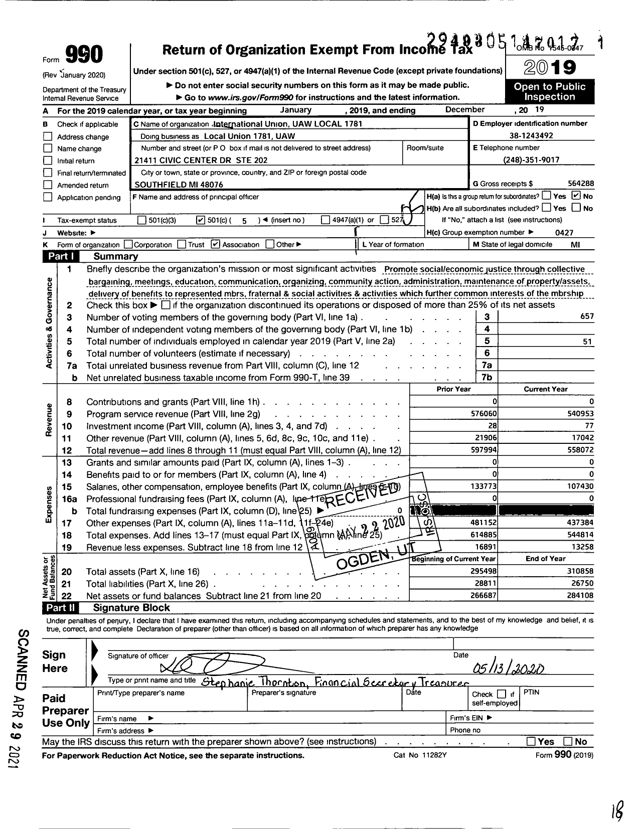 Image of first page of 2019 Form 990O for UAW - Local Union 1781 UAW