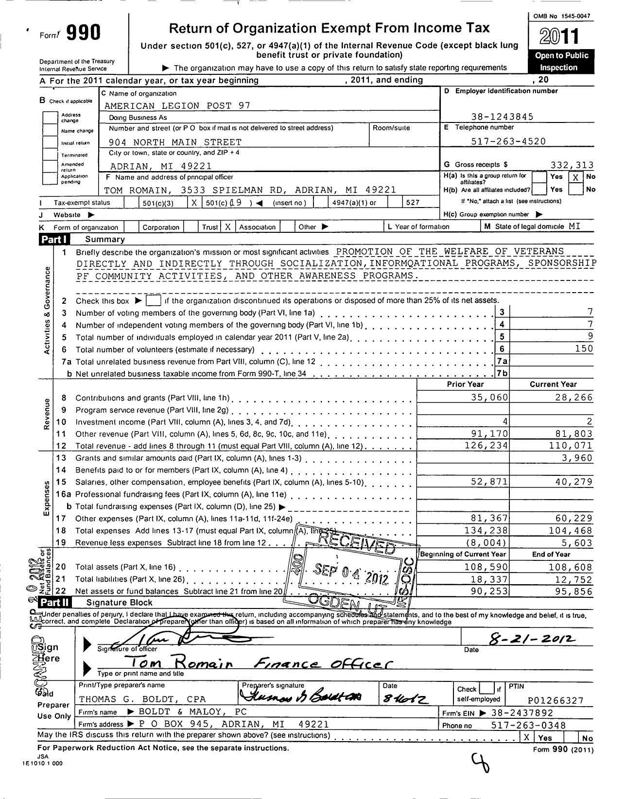 Image of first page of 2011 Form 990O for American Legion Post 97