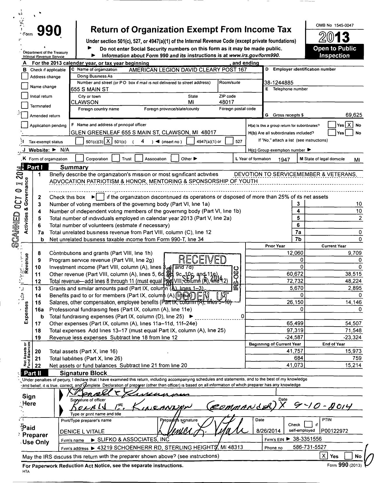 Image of first page of 2013 Form 990O for American Legion - 0167 David E Cleary