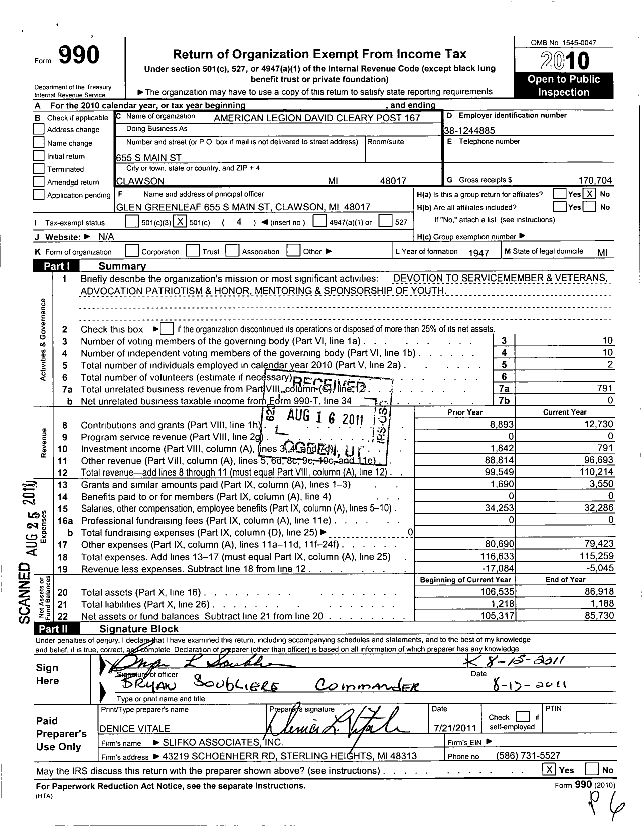 Image of first page of 2010 Form 990O for American Legion - 0167 David E Cleary