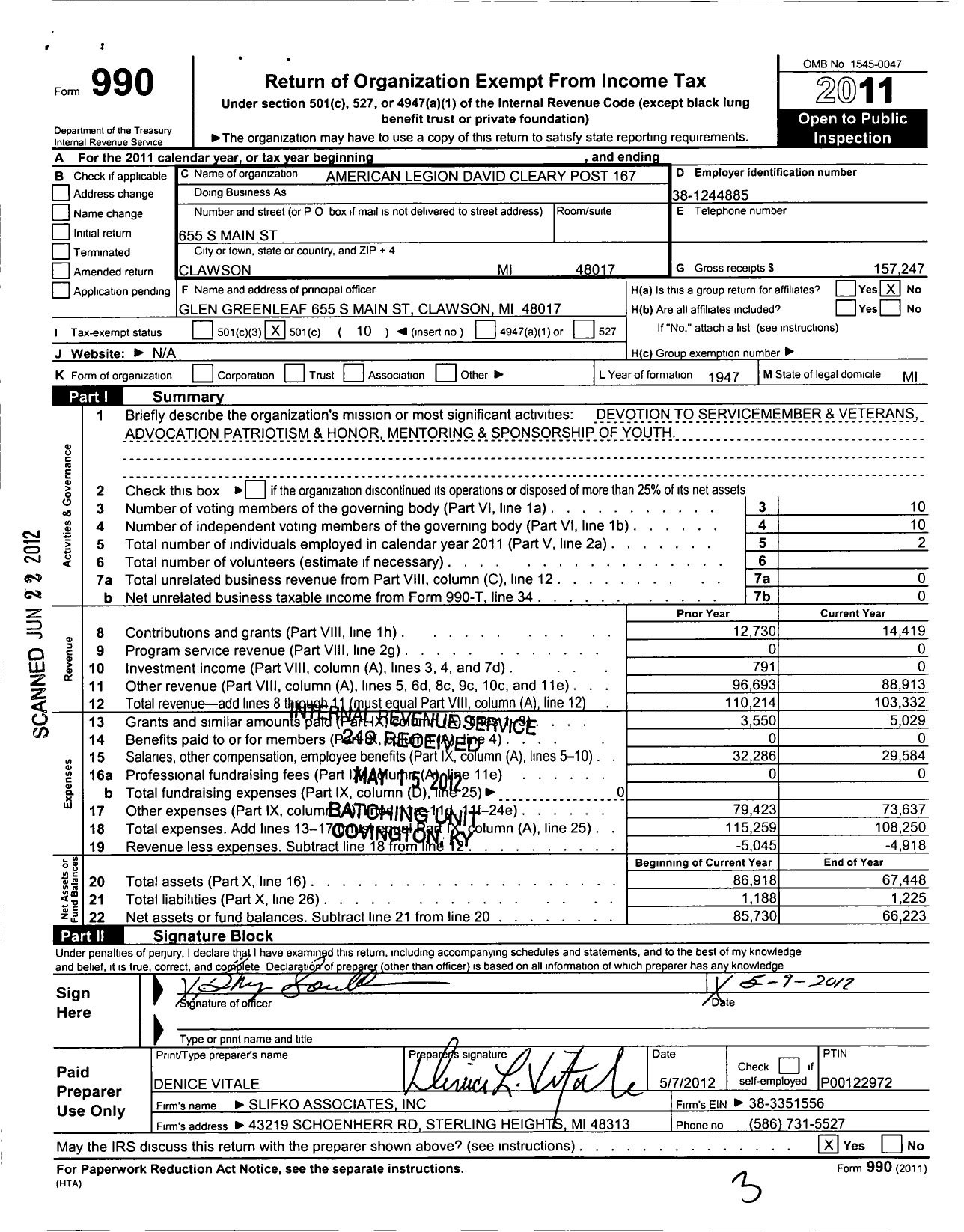 Image of first page of 2011 Form 990O for American Legion - 0167 David E Cleary