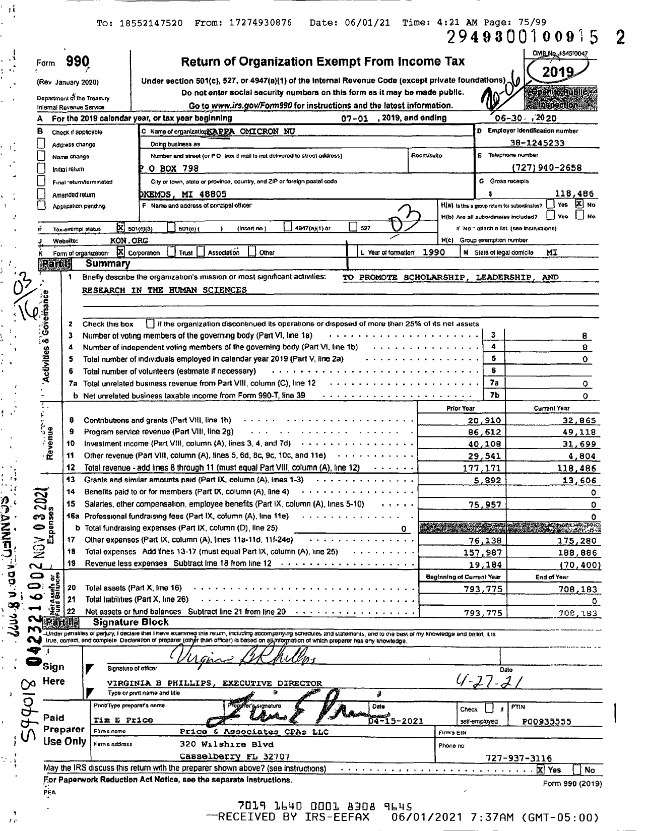 Image of first page of 2019 Form 990 for Kappa Omicron Nu