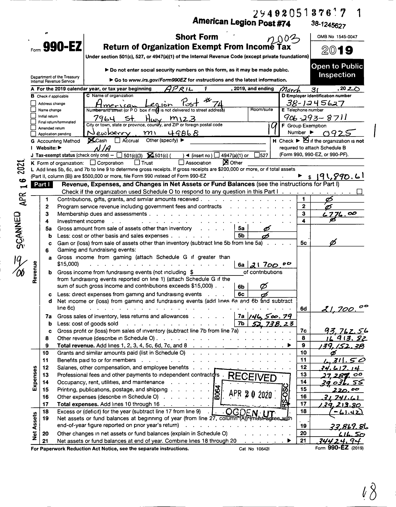 Image of first page of 2019 Form 990EO for American Legion - 74 Hugh Allen MC Innis