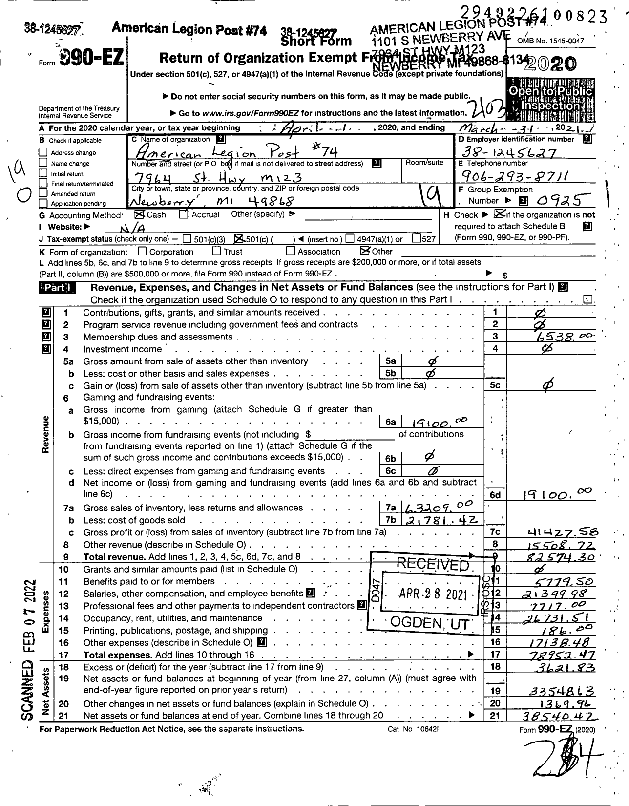 Image of first page of 2020 Form 990EO for American Legion - 74 Hugh Allen MC Innis