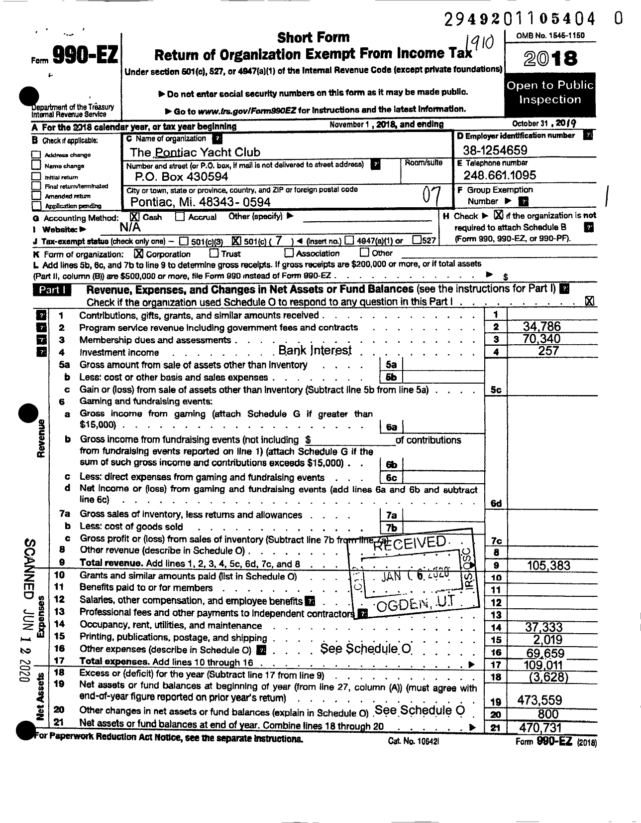 Image of first page of 2018 Form 990EO for The Pontiac Yacht Club