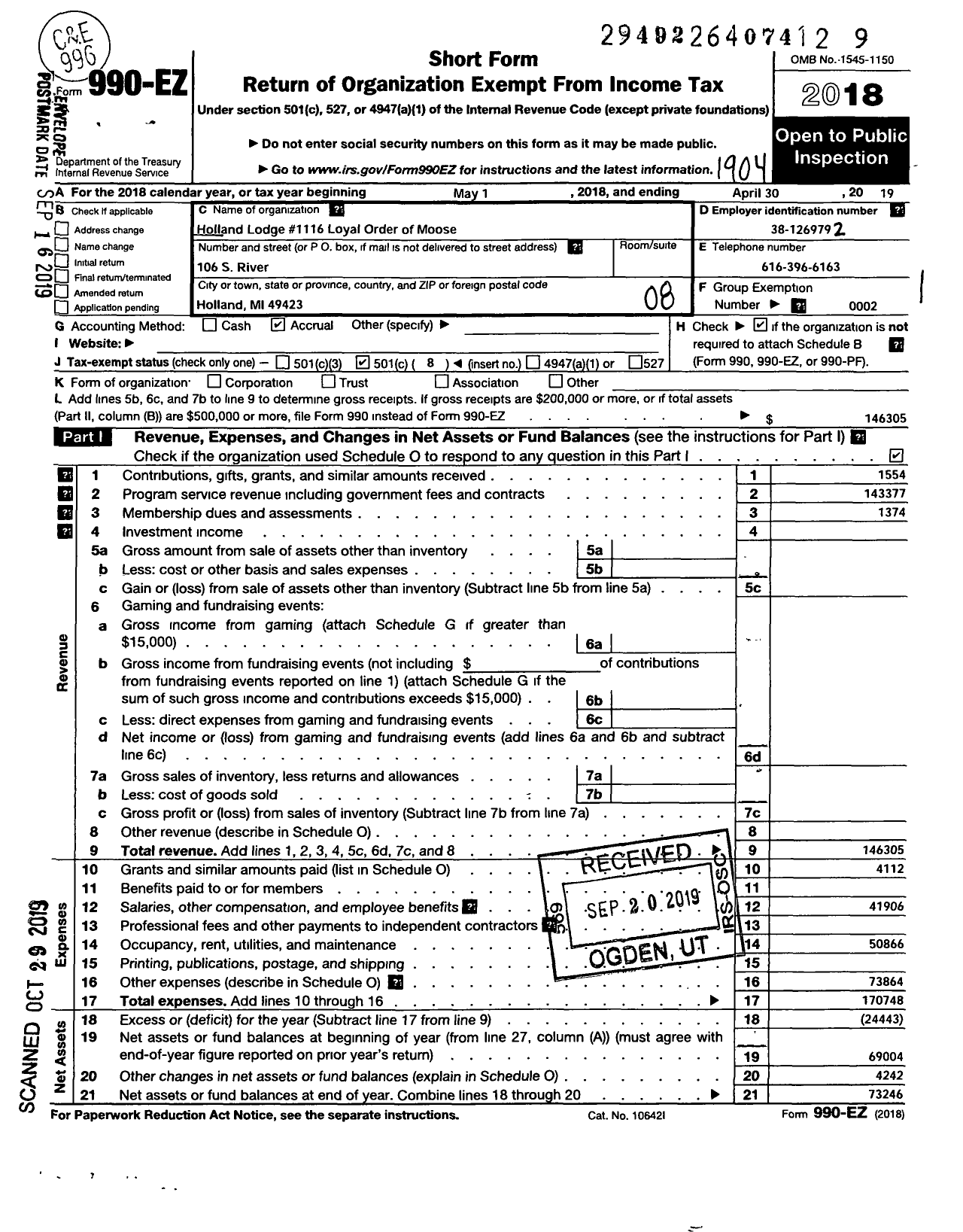 Image of first page of 2018 Form 990EO for Holland Lodge #1116 Loyal Order of Moose