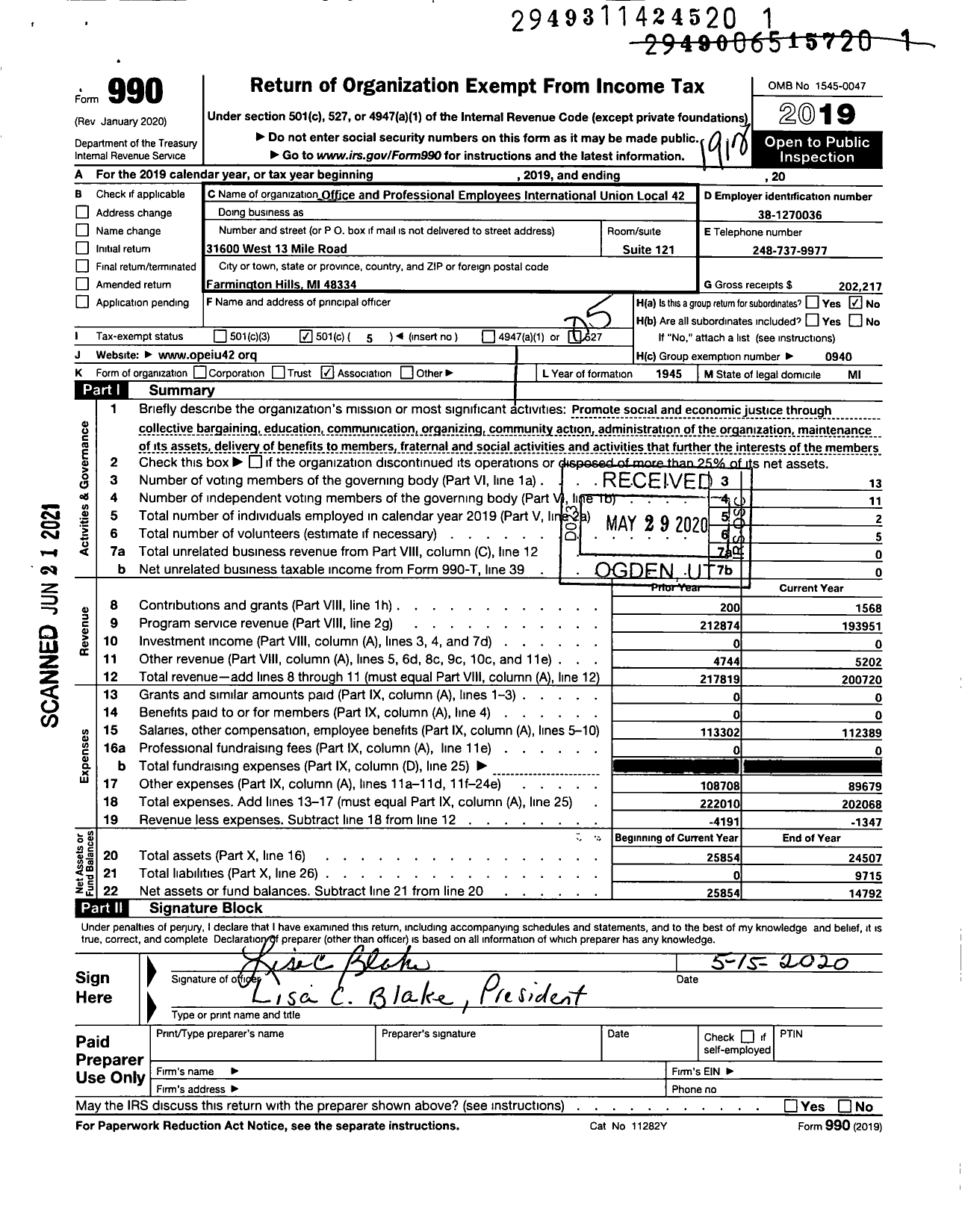 Image of first page of 2019 Form 990O for Office and Professional Employees International Union - Opeiu Local 42 Afl Cio