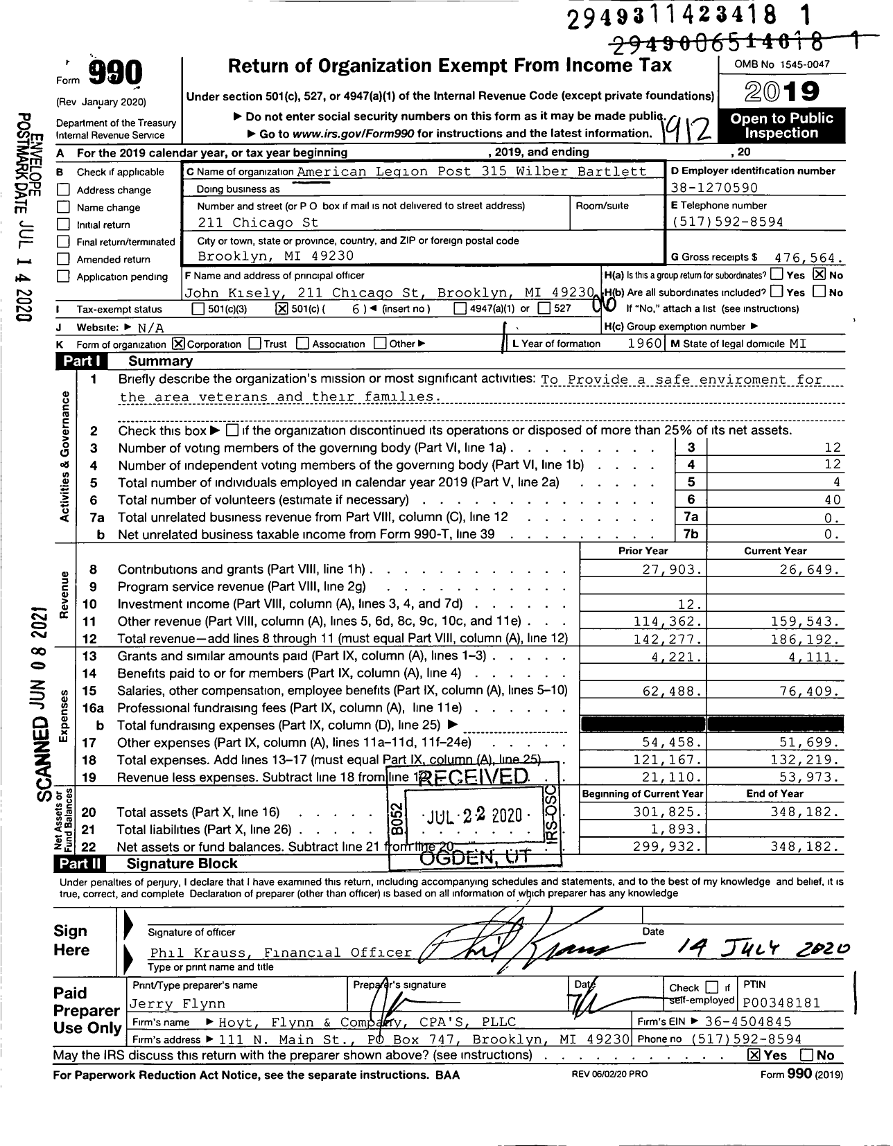 Image of first page of 2019 Form 990O for American Legion - 0315 Wilber-Bartlett