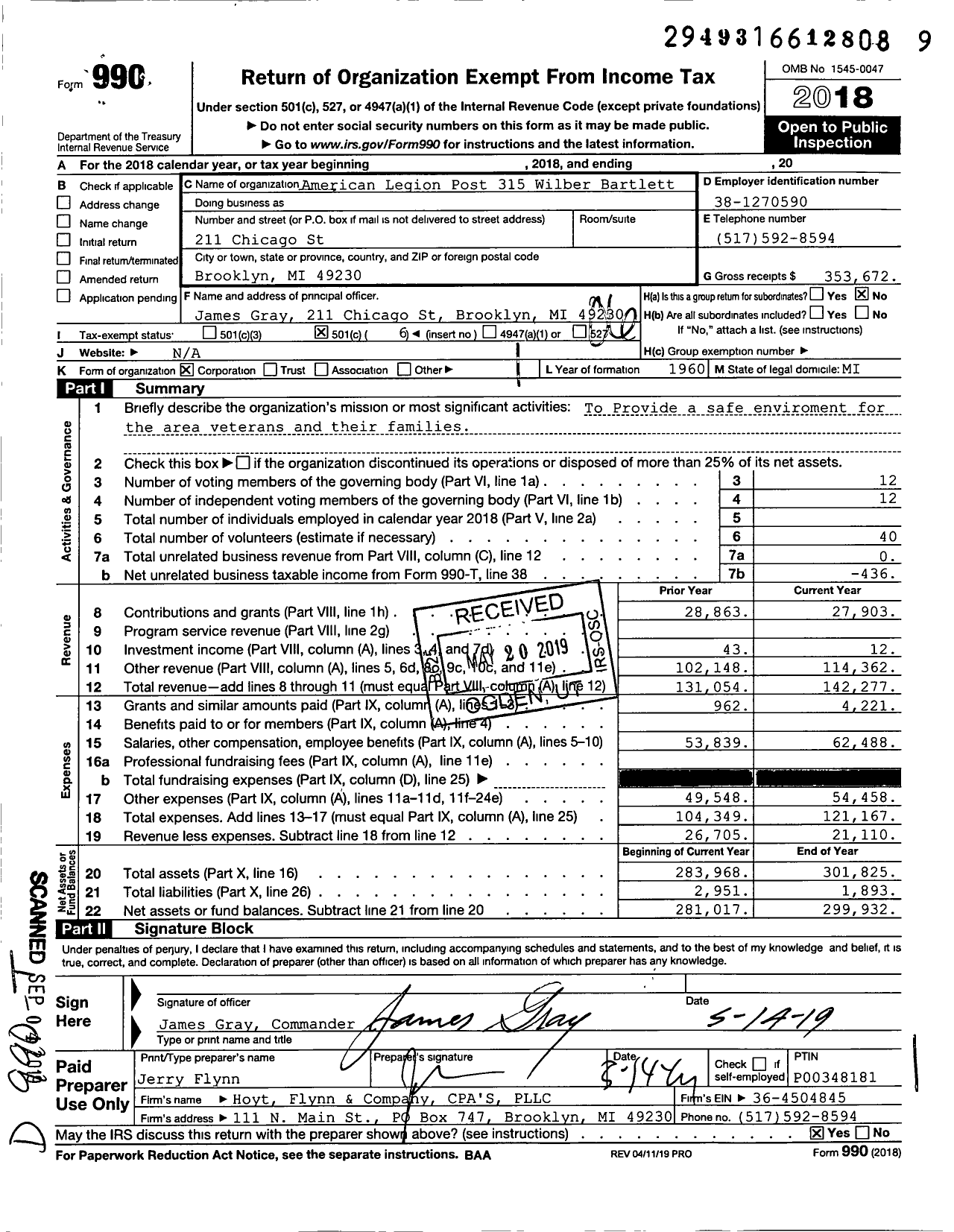 Image of first page of 2018 Form 990O for American Legion - 0315 Wilber-Bartlett