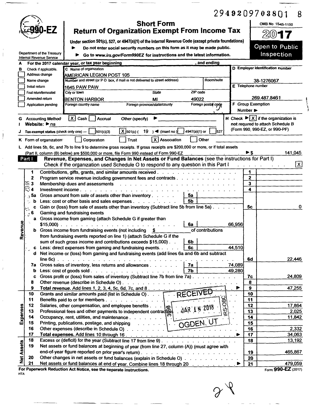 Image of first page of 2017 Form 990EO for American Legion - 105 Benton Harbor