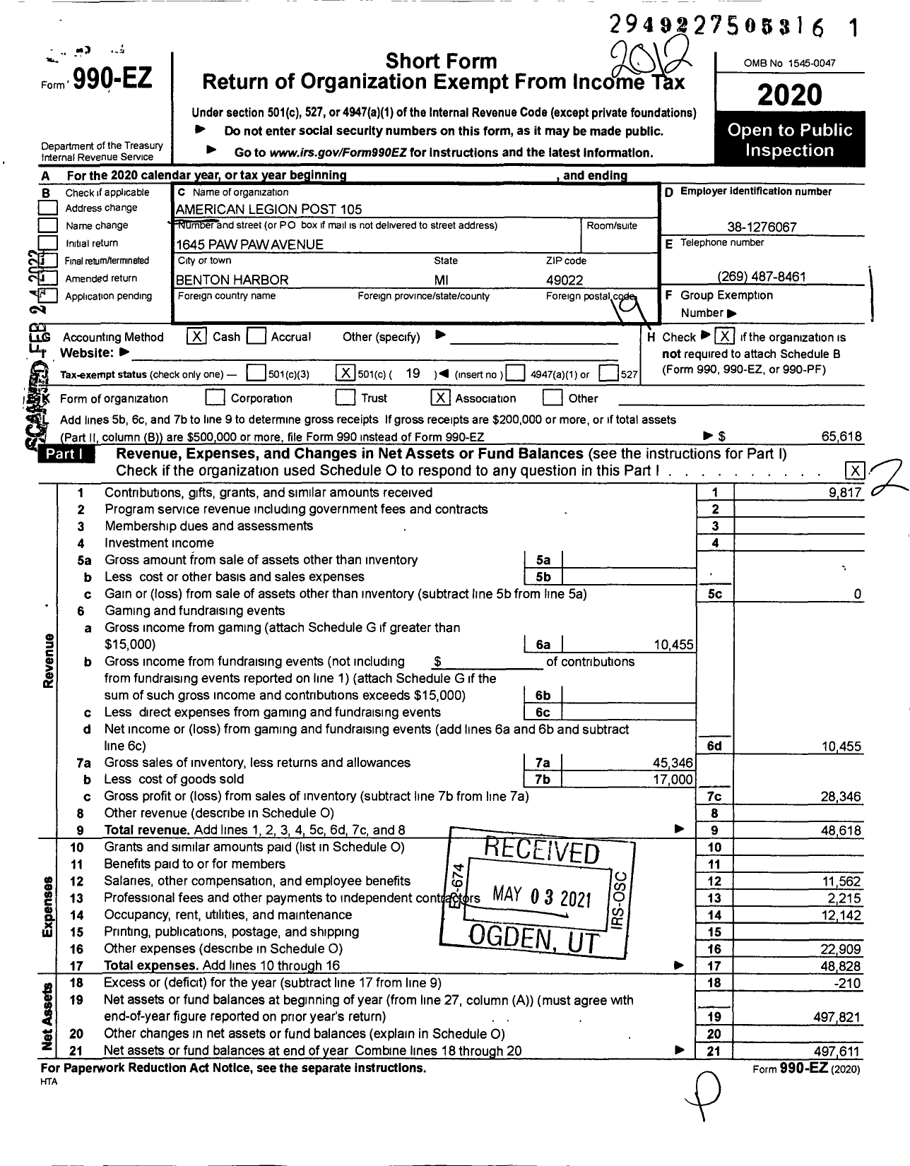 Image of first page of 2020 Form 990EO for American Legion - 105 Benton Harbor