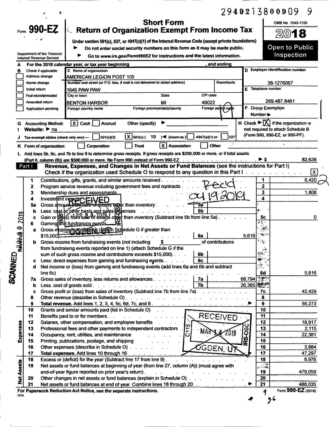 Image of first page of 2018 Form 990EO for American Legion - 105 Benton Harbor