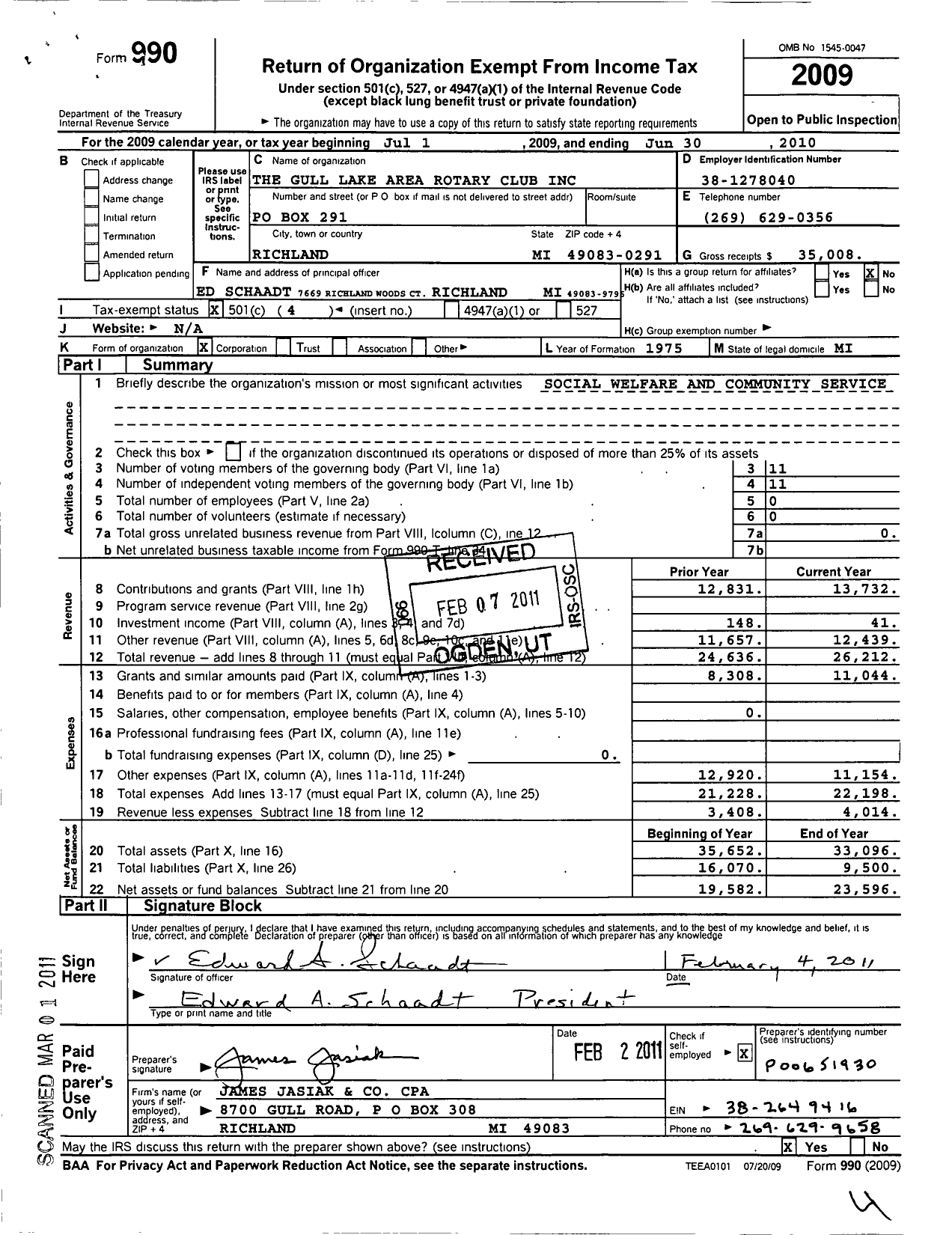 Image of first page of 2009 Form 990O for Rotary International - Gull Lake Area