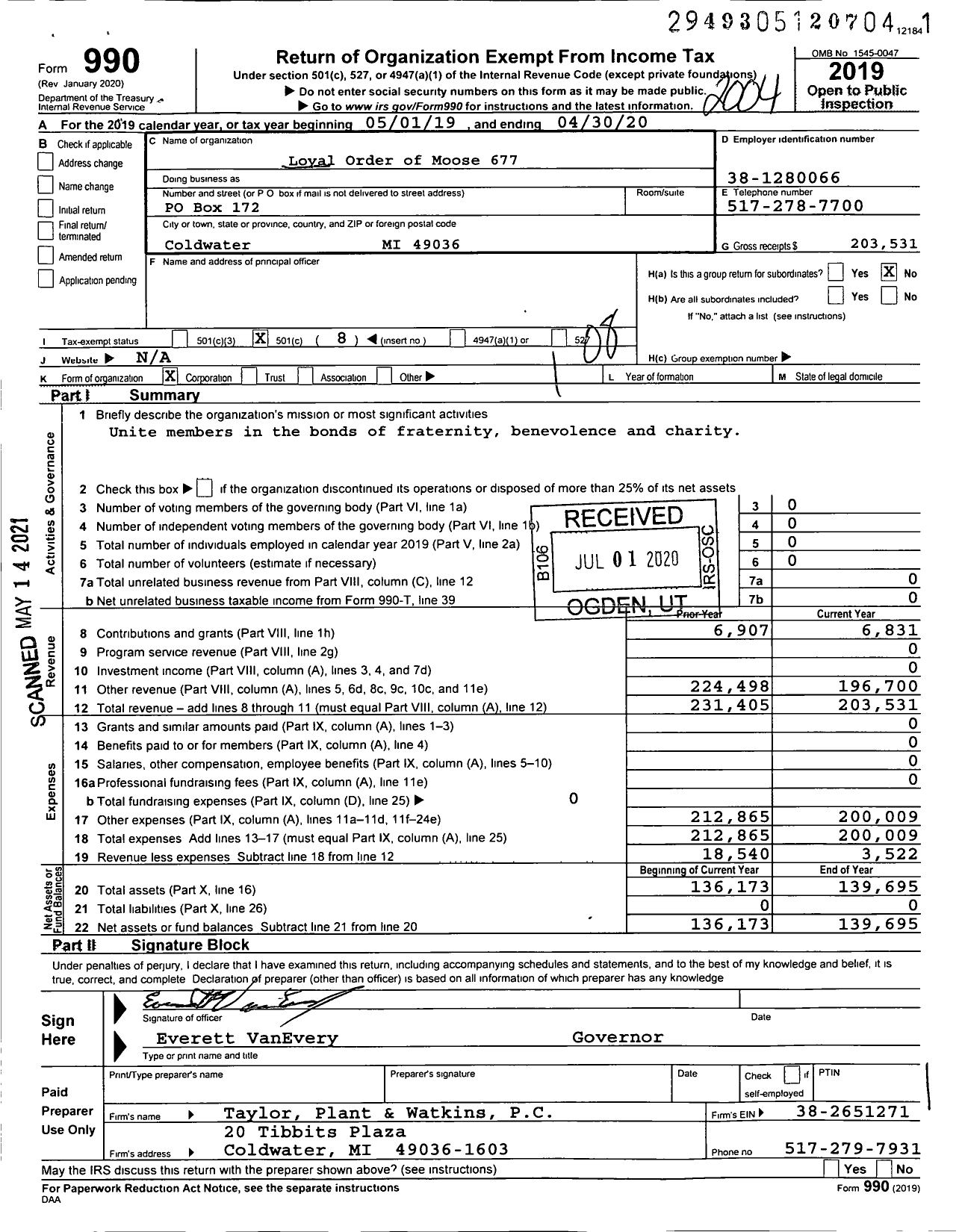 Image of first page of 2019 Form 990O for Coldwater Lodge No 677 Loyal Order of Moose