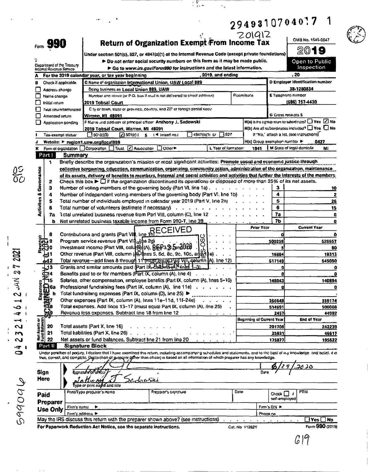 Image of first page of 2019 Form 990O for Uaw - Local Union 889 Uaw