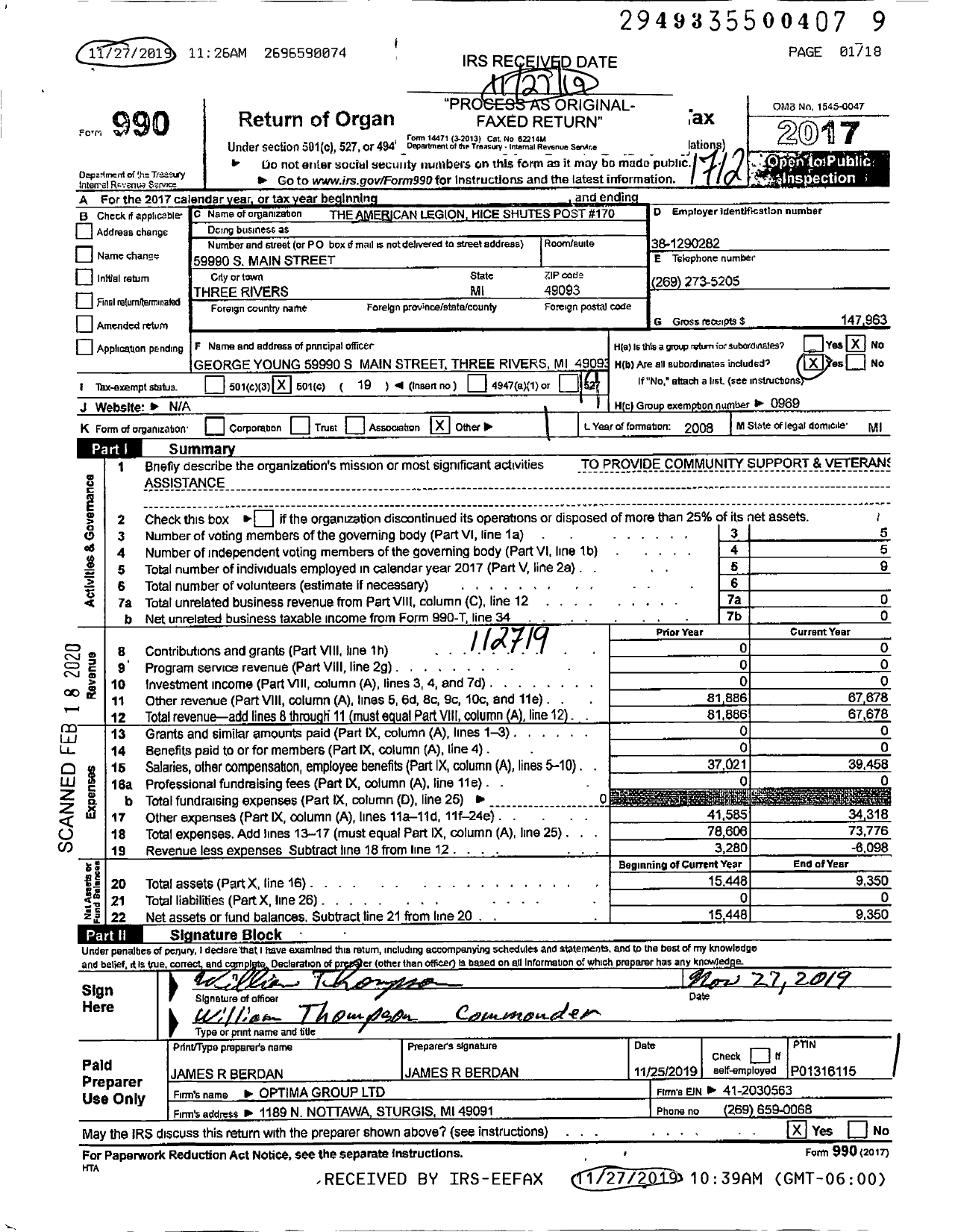 Image of first page of 2018 Form 990O for The American Legion Hice Shutes Post 170