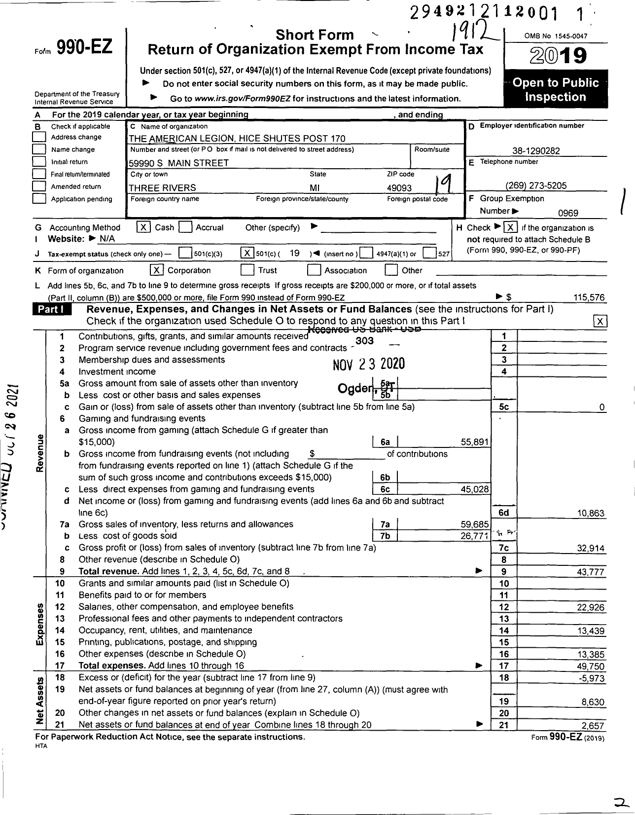 Image of first page of 2019 Form 990EO for The American Legion Hice Shutes Post 170