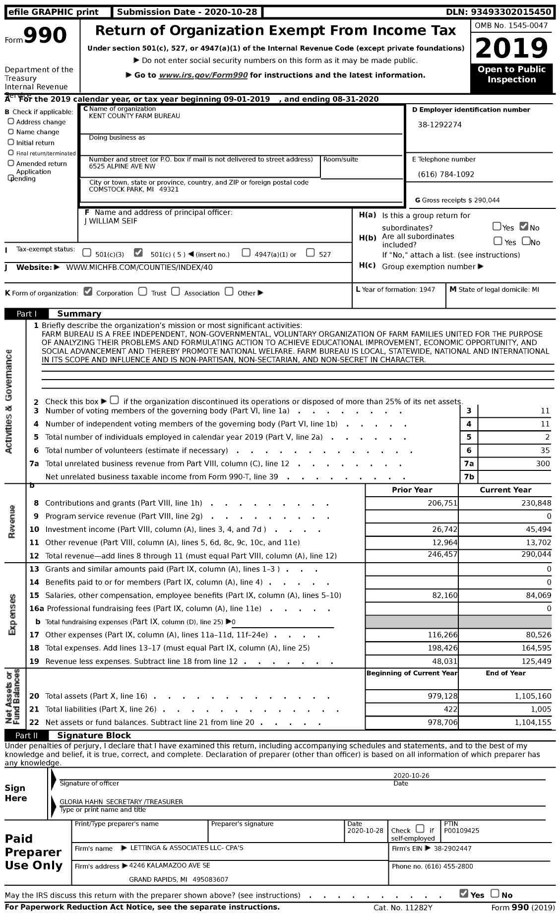 Image of first page of 2019 Form 990 for Kent County Farm Bureau